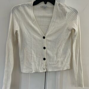American Eagle Outfitters White Ribbed V-Neck Cardigan with Black Buttons